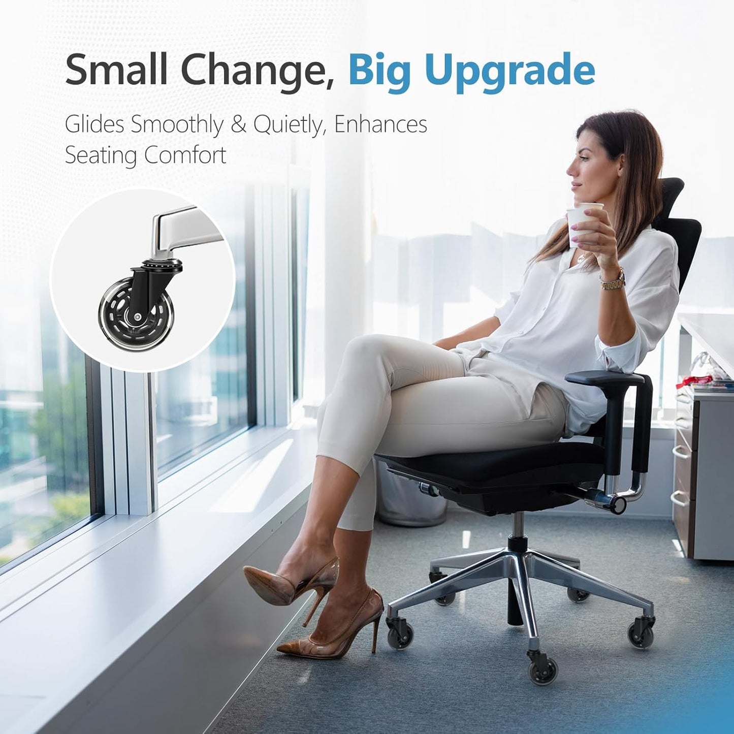 Modern home office setup featuring HAZE silent-glide wheels for ergonomic comfort