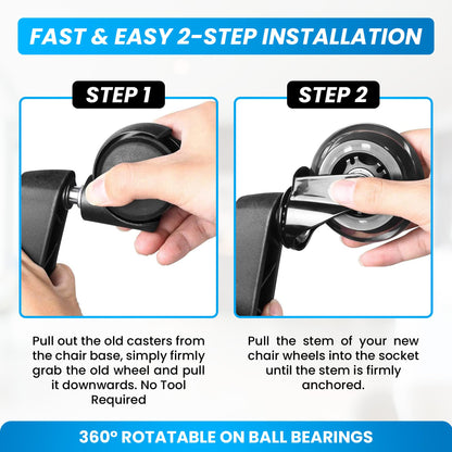 How to install HAZE wheels – universal stem design for easy snap-in replacement on any office chair.