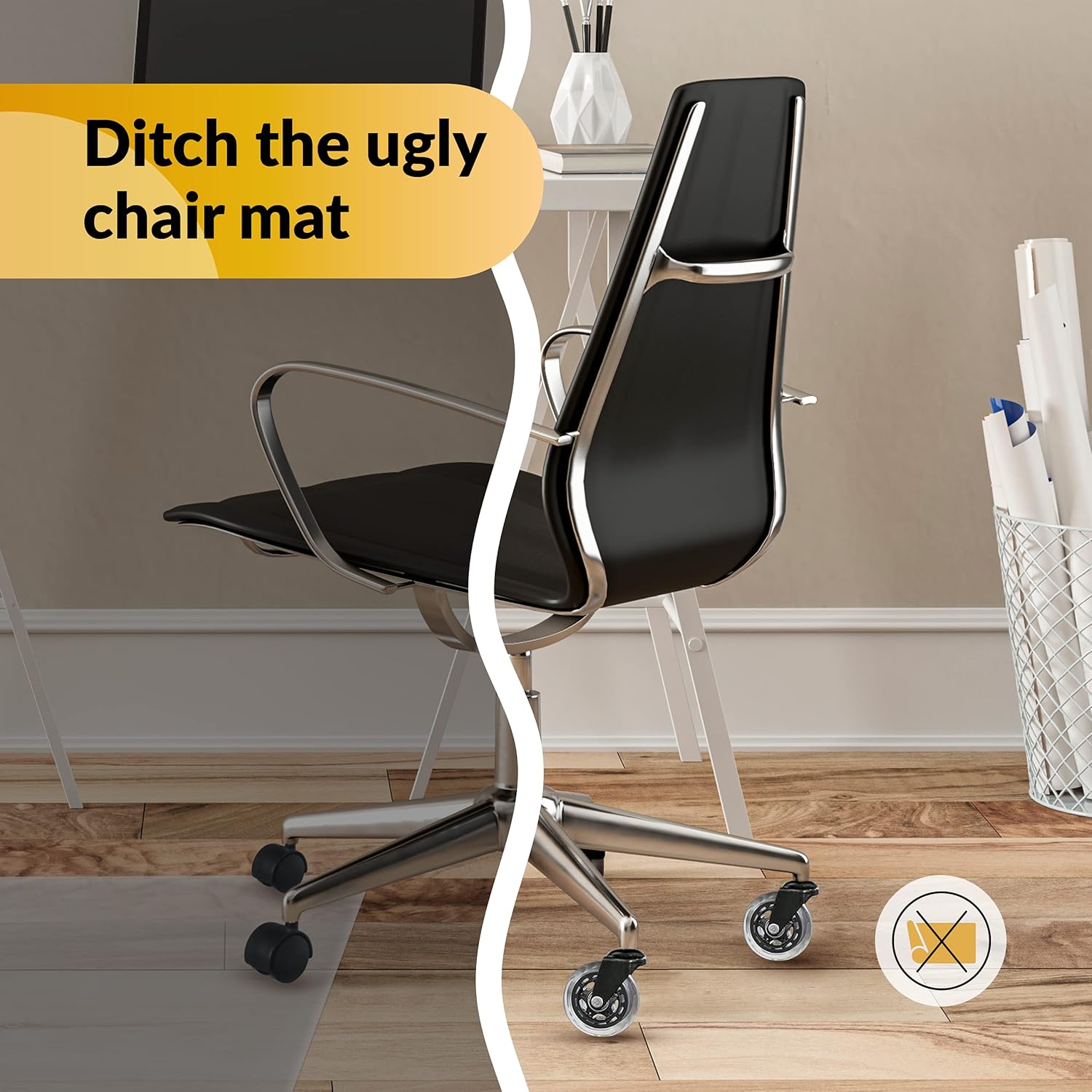 Sleek black and chrome HAZE rollerblade wheels – premium aesthetic for designer office chairs.