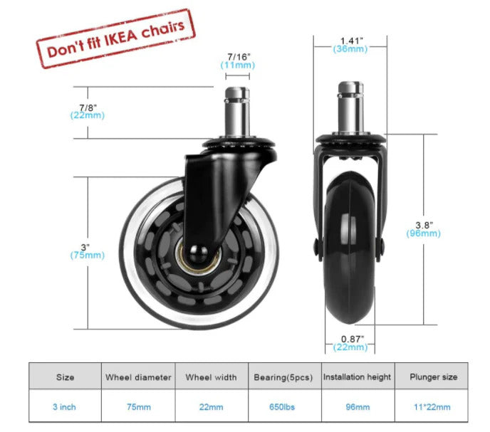 Technical drawing of HAZE chair wheel stem length and diameter for fitment verification.